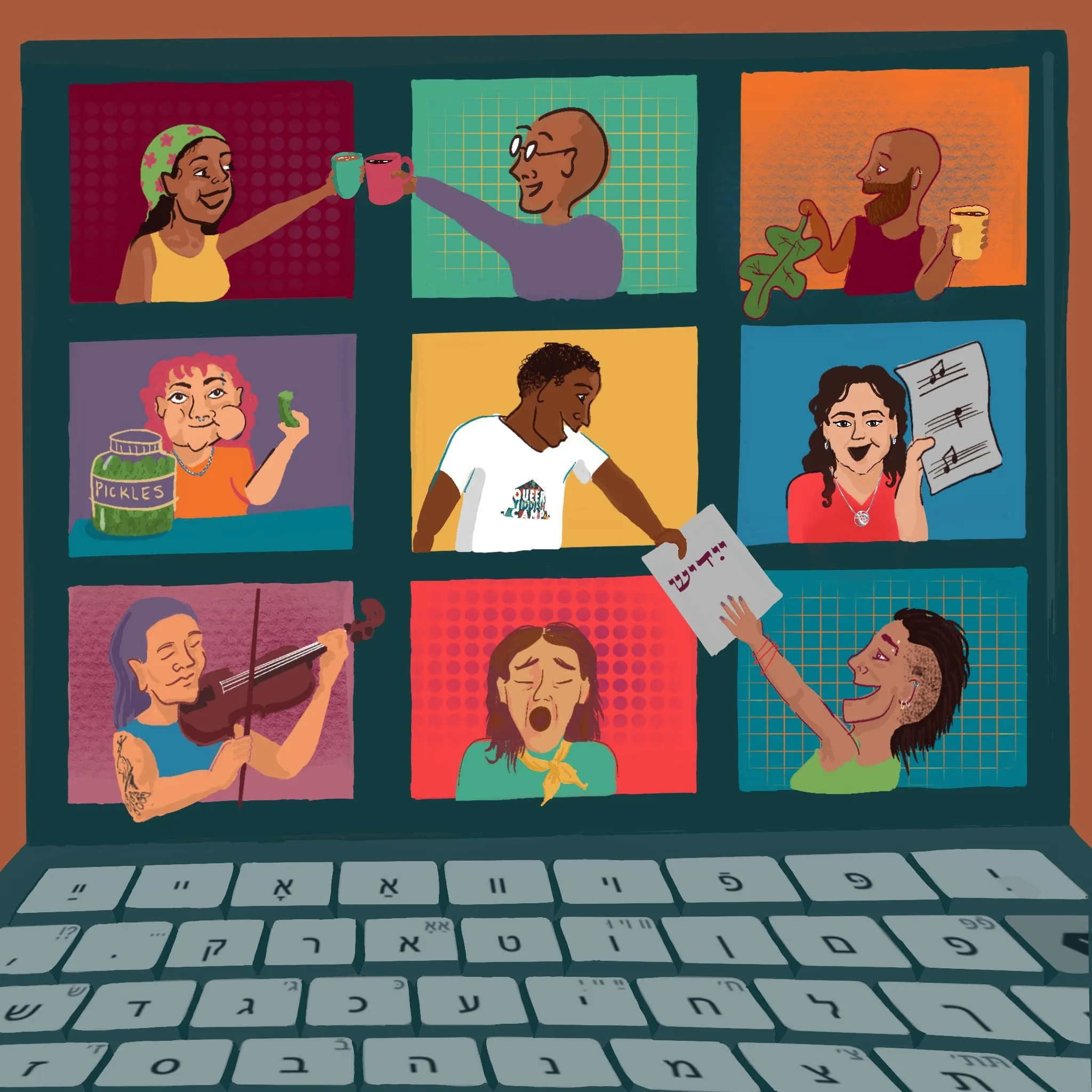Illustration of virtual Queer Yiddish Camp attendees interacting through Zoom video boxes on a laptop screen.