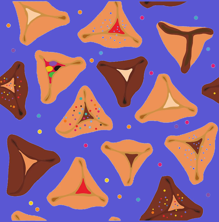 an illustration of hamantaschen on a purple background