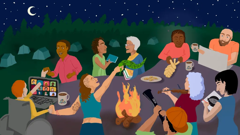 An illustration of a group of people sitting around a campfire, playing music, making art, forming a challah, and singing. a starry sky and tents are in the background